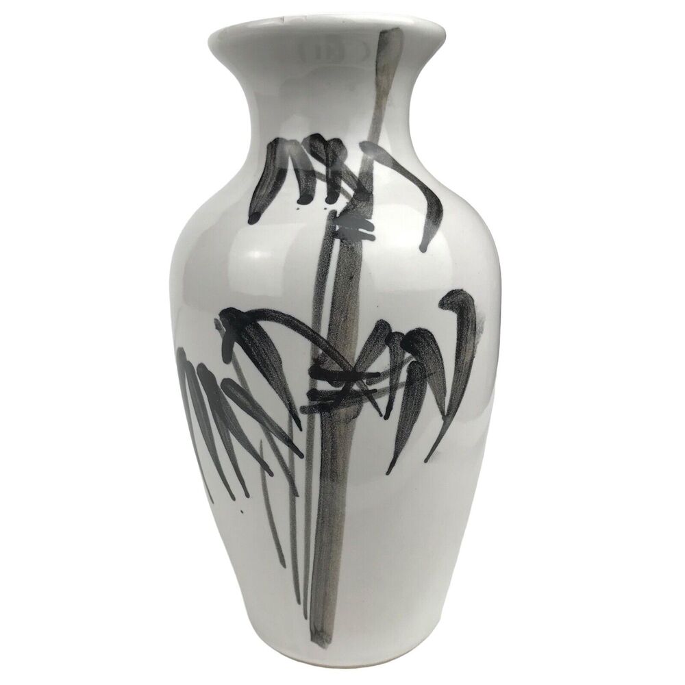 Jasco 6'' Bud Vase Bamboo Motif White Black Painted Made in Taiwan